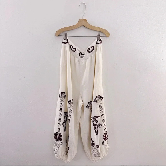 Free People Kai Embroidered Pants Balloon Palm Tree High Waisted Ivory Brown - Picture 2 of 8
